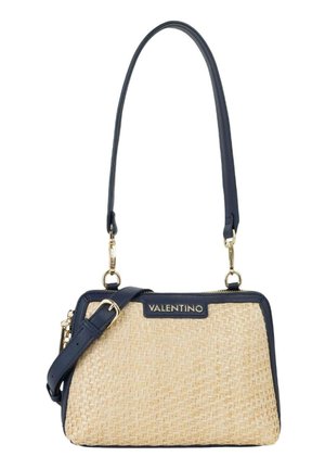 Small rectangular beige woven handbag with navy leather trim, adjustable strap, and gold-tone hardware with Valentino label.