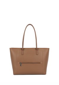 Sac fourre-tout texturé marron avec deux longues poignées, doté d'une poche avant zippée et d'une forme rectangulaire. Surface lisse sans motifs visibles.