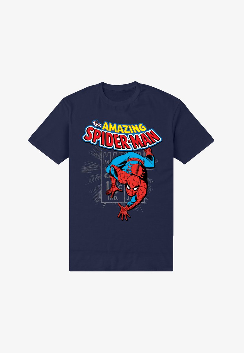 Granatowy bawełniany T-shirt z grafiką "Niesamowity Spider-Man" w czerwieni i błękicie, z komiksowym wzorem i akcentami pajęczyny.