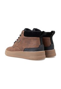 Brown leather high-top shoes with a textured finish, padded collar, black accents, and a gum rubber sole, featuring a back pull tab for easy wear.