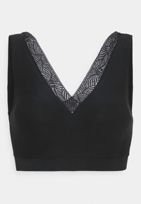 Black bra featuring a deep V-neckline, lace trim, and wide straps. Made of smooth fabric with a fitted design and no underwire.