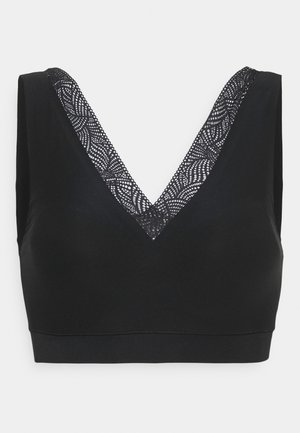 Black bra featuring a deep V-neckline, lace trim, and wide straps. Made of smooth fabric with a fitted design and no underwire.