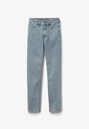 Lichtblauwe, hooggetailleerde, smal gesneden spijkerbroek met voor- en achterzakken, riemlussen en een knoop- en ritssluiting.