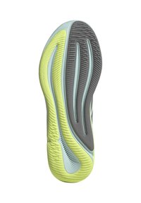 Suela de zapato en gris, azul claro y amarillo vibrante. Presenta patrones de banda de rodadura ondulados y surcos para tracción. Diseño texturizado y duradero.