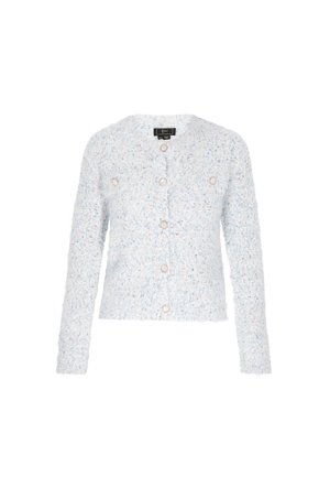 Hellblaue, strukturierte Strickjacke mit einem flauschigen Aussehen, ausgestattet mit fünf Knöpfen, langen Ärmeln und zwei frontalen Taschen. Zarte mehrfarbige Sprenkel.