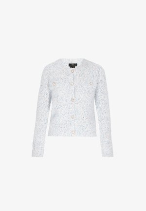 Helehelesinine tekstuuriga kardigan, millel on pehme välimus, viie nööbiga, pikad varrukad ja kaks esist pocketit. Peened mitmevärvilised täpid.