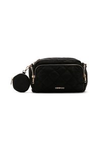 Czarna torebka crossbody z pikowanej tkaniny z akcentami złotych zamków błyskawicznych i odpinaną okrągłą sakiewką na monety. Posiada dwie kieszenie zapinane na zamek.