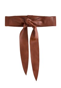 Brown leather belt with a wide band and knotted tie detail. Smooth texture, long tapered ends, and a solid design without hardware.