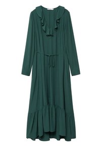 Robe midi à manches longues vert foncé avec encolure en V à volants, ceinture à la taille et détail froncé à l'ourlet.