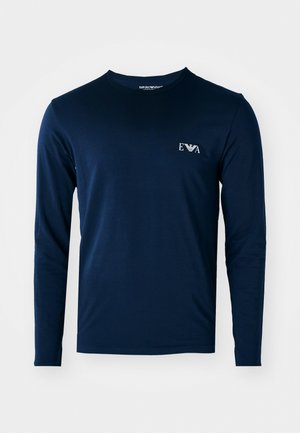 Navy long-sleeve t-shirt made of smooth cotton, featuring a small white logo on the left chest and a classic round neckline.