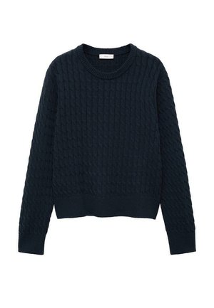 Marineblauer Pullover aus strukturiertem Strickstoff, mit Rundhalsausschnitt, langen Ärmeln und gerippten Bündchen sowie Saum.