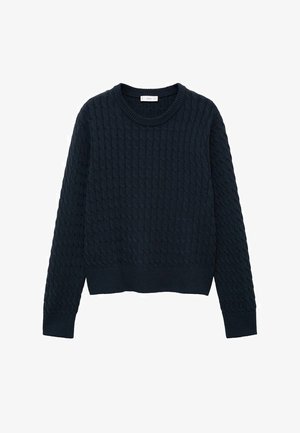 Laivansinis villatakki, joka on valmistettu tekstuurikuvioidusta neuloksesta. Siinä on pyöreä pääntie, pitkät hihat sekä ribattuja hihansuita ja helmaa.