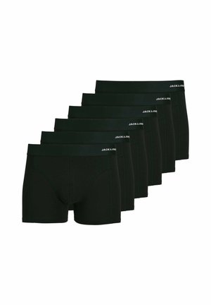 Sex par svarta boxershorts i slät tyg, med ett bekvämt elastiskt midjeband med 'JACK & JONES' logotyp i vitt.