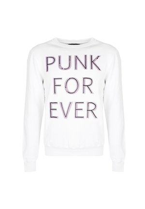 Sudadera blanca de manga larga con el texto "PUNK FOR EVER" en letras grandes y en negrita en el frente, con gráficos de imperdibles.