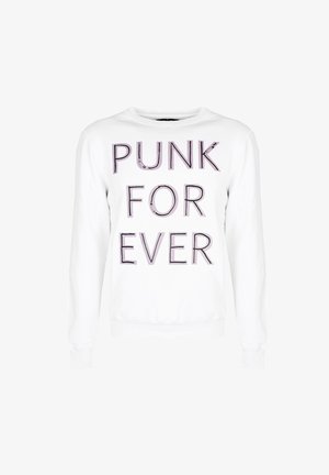 Weißes Sweatshirt mit langen Ärmeln und dem Schriftzug „PUNK FOR EVER“ in großen, fetten Buchstaben auf der Vorderseite, gestaltet mit Sicherheitsnadel-Grafiken.