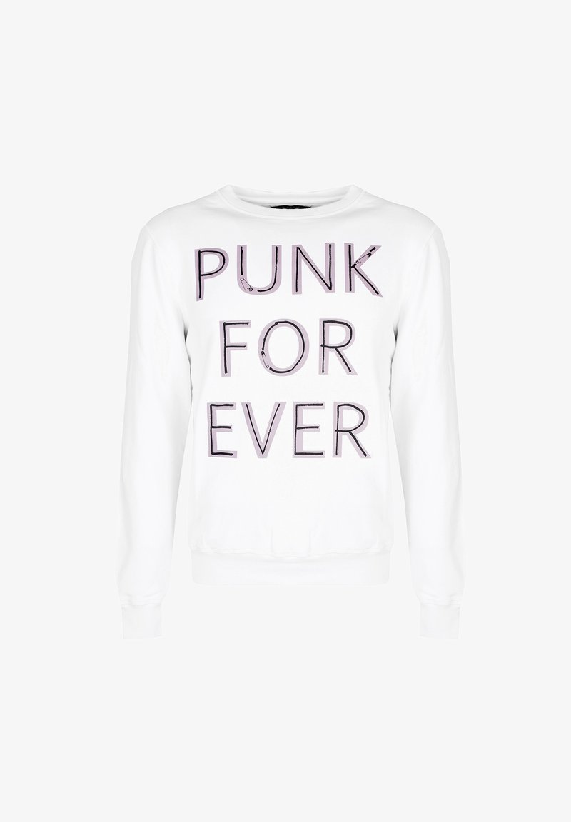 Sweat-shirt blanc à manches longues avec le texte "PUNK FOR EVER" en grandes lettres grasses sur le devant, stylisé avec des graphiques d'épingles de sûreté.