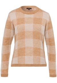 Pull en tricot avec col rond, manches longues, et un motif à carreaux beige et orange clair avec des détails texturés.
