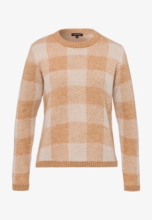 Strickpullover mit Rundhalsausschnitt, langen Ärmeln und einem beigen sowie hellorangefarbenen Karomuster mit strukturierten Details.