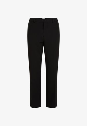 Black trousers with a straight cut, made from smooth fabric. Features a waistband with belt loops and vertical side accents.