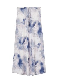 Langer, fließender Rock aus leichtem Stoff mit einem Aquarellmuster in Blau und Weiß. Verfügt über einen Kordelzugbund zur Anpassung.