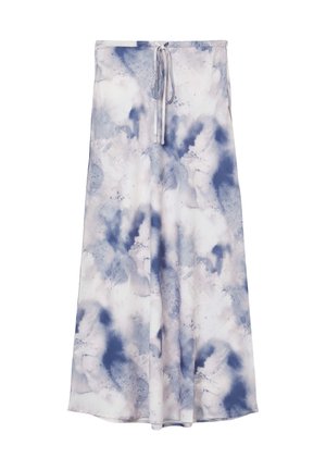 Langer, fließender Rock aus leichtem Stoff mit einem Aquarellmuster in Blau und Weiß. Verfügt über einen Kordelzugbund zur Anpassung.