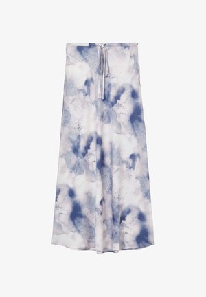 Langer, fließender Rock aus leichtem Stoff mit einem Aquarellmuster in Blau und Weiß. Verfügt über einen Kordelzugbund zur Anpassung.