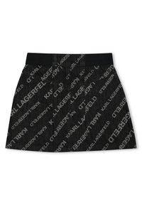 Zwarte denim rok met de herhaalde tekst "KARL LAGERFELD" in een lichtgrijs patroon. Elastische tailleband, A-lijn vorm, minimale details.