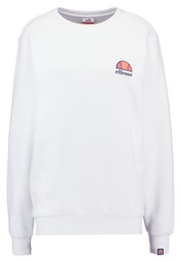 Sudadera blanca con mangas largas, puños acanalados y dobladillo. Presenta un logo colorido en el pecho y una etiqueta en la manga. Textura suave.