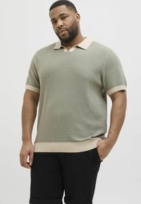 Lichtgroen gebreid poloshirt met begeren kraag en manchetten, korte mouwen en een textuurpatroon. Draagt met zwarte shorts.