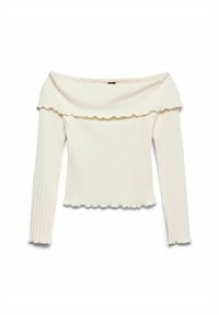 Plecu atsegts balts ribots garām piedurknēm augšdaļa ar viļņotu apmali un pieguļošu dizainu. Mīksta tekstūra ar saīsinātu siluetu.