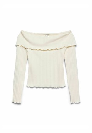 Plecu atsegts balts ribots garām piedurknēm augšdaļa ar viļņotu apmali un pieguļošu dizainu. Mīksta tekstūra ar saīsinātu siluetu.