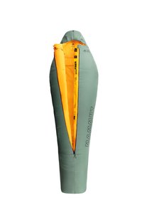 Grüner Schlafsack mit konischer Form, orangefarbenem Innenfutter, durchgehendem Reißverschluss und Logo-Branding; konzipiert für Temperaturen bis -5°C.