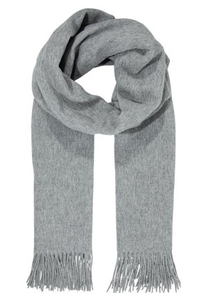 Miękki szary szal z wełny z frędzlami na końcach, luźno złożony w kształt pętli.