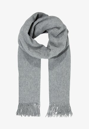 Bufanda de lana gris suave con extremos con flecos, doblada de forma holgada en forma de lazo.