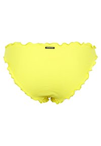 Gelbe Bikini-Höschen mit einem Rüschensaum, aus dehnbarem Stoff gefertigt. Verfügt über ein kleines schwarzes Logotag auf der Rückseite.