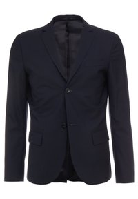 Navyblauer Blazer aus strukturiertem Stoff, mit einreihigem Design und zwei Knöpfen, einer Brusttasche und zwei Vordertaschen.