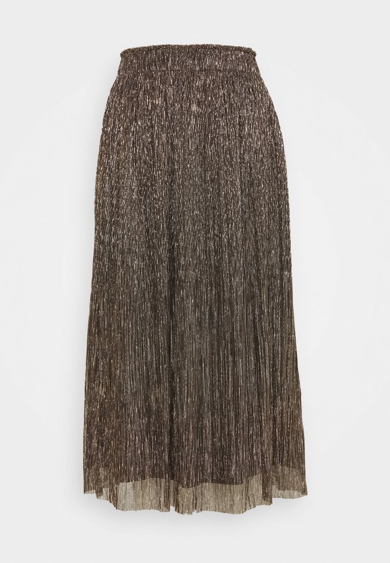 Falda midi plisada en tejido metálico marrón con una cintura elástica. Presenta finas rayas verticales texturizadas y una caída suave y fluida.