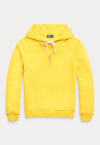 Gul hoodie med vita dragsko, framficka och broderad logo av en polo-spelare i mitten.