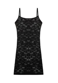 Rochie neagră din dantelă cu model floral, bretele subțiri și ajustabile, și o siluetă aderentă, realizată dintr-un material transparent și texturat.