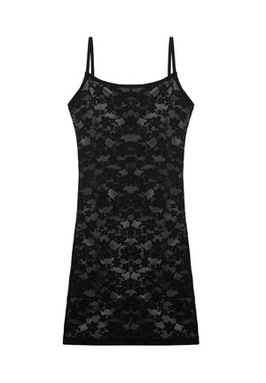 Abito nero in pizzo con motivo floreale, spalline sottili regolabili e una silhouette aderente, realizzato in un materiale trasparente e testurizzato.