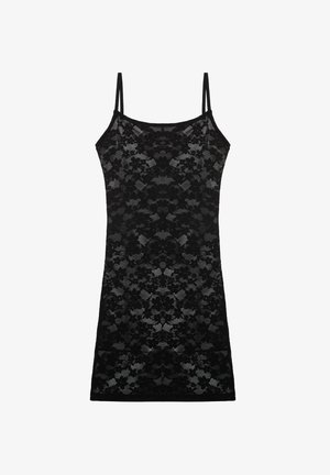 Abito nero in pizzo con motivo floreale, spalline sottili regolabili e una silhouette aderente, realizzato in un materiale trasparente e testurizzato.
