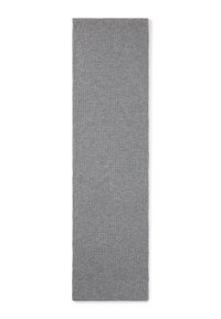 Grauer gestrickter Schal, rechteckige Form, strukturierter Stoff mit gerippten Kanten, glatte Oberfläche, einheitliche Farbe, ideal zum Schichten.