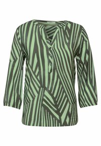 Blusa a righe verde e nera con scollo a V, maniche a tre quarti e dettagli con bottoni sul davanti. Tessuto leggero con una finitura strutturata.