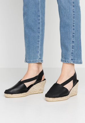 Zwarte leren sleehakken met een espadrille-achtige gevlochten jute zool en een gesloten teenontwerp; elastische banden voor een stevige pasvorm.
