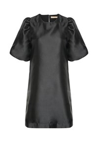 Svart satin klänning med korta, puffiga ärmar, rund halsringning och dragkedja i ryggen. Slät textur och knälång design.