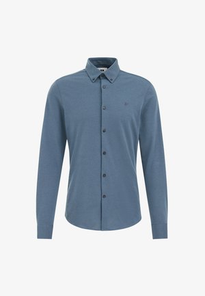 Langarm overhemd in blauwe katoen met een klassieke kraag, zwarte knopen en een klein geborduurd logo op de linkerkant van de borst.