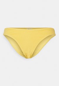 Parte de baixo de biquíni amarelo com um padrão em zig-zag texturizado, design de cintura média e bordas suaves. Feito de tecido elástico para maior conforto.