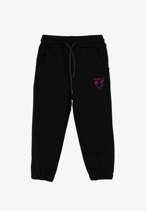 Pantaloni jogger neri con vita elastica e cordino, tasche laterali, caviglie a costina e logo rosa "PINKO UP" con stelle sulla coscia sinistra.