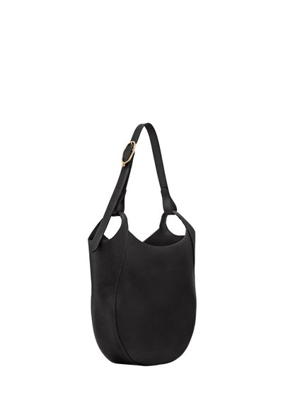 Schwarze Leder-Schultertasche mit abgerundetem Boden, verstellbarem Riemen und goldfarbener Schnalle, auf weißem Hintergrund abgebildet.