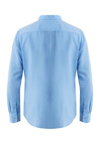 Světle modrá košile s dlouhým rukávem, zapínáním na knoflíky, rovním lemem a manžetami s detaily knoflíků. Vyrobena z hladké bavlněné tkaniny.